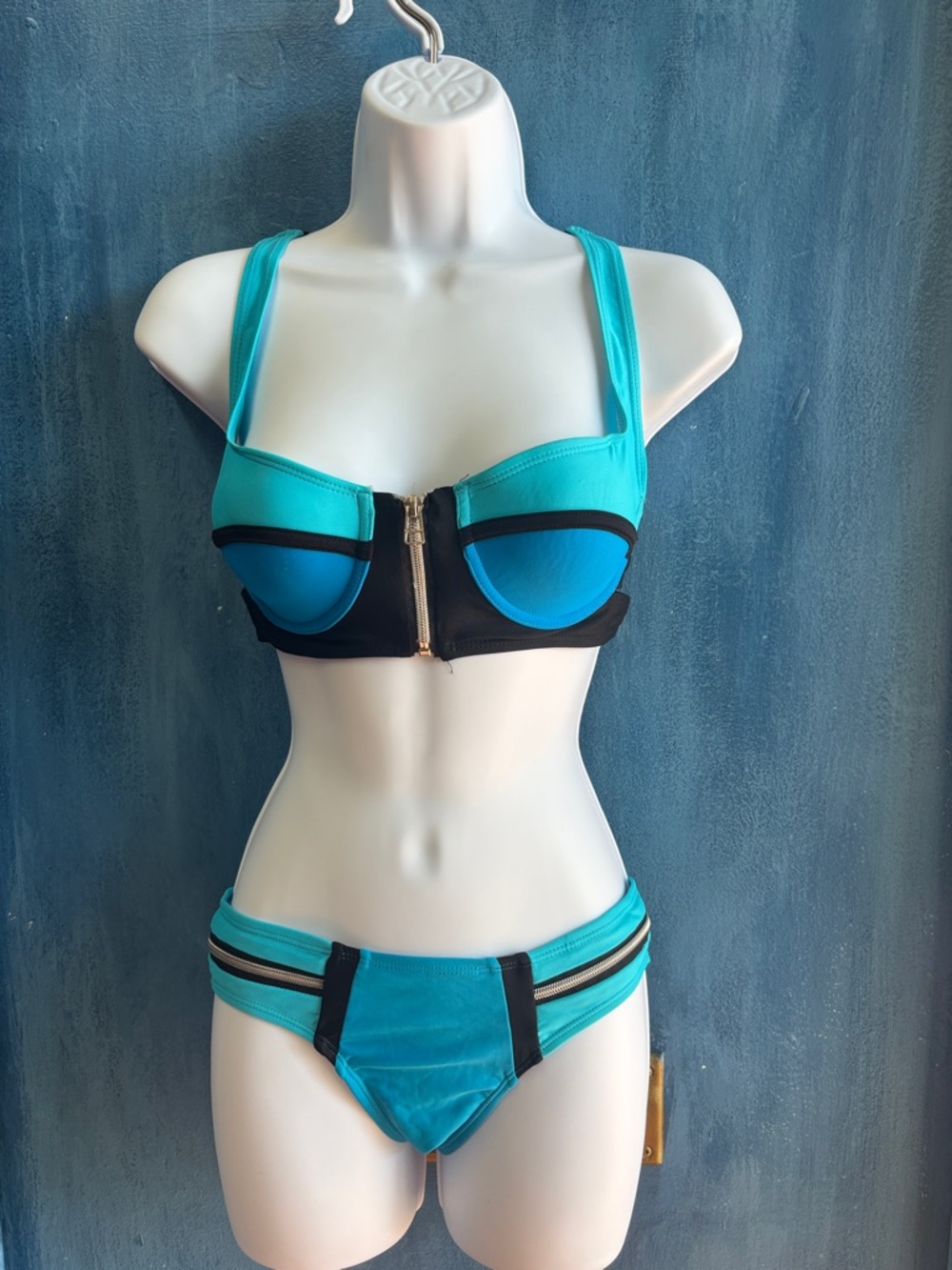Turquoise & Black Zipper Front Bikini Set - Women Swim